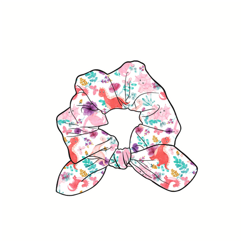 Floral Dinos Hand Tied Knotted Bow Scrunchie
