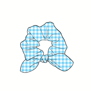 Blue Gingham Hand Tied  Knotted Bow Scrunchie