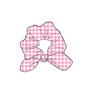 Pink Gingham Hand Tied  Knotted Bow Scrunchie