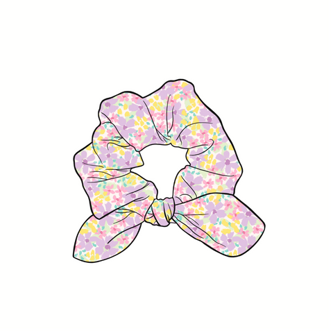 Spring Fling Floral Hand Tied  Knotted Bow Scrunchie