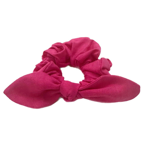 Hot Pink Linen Hand Tied  Knotted Bow Scrunchie