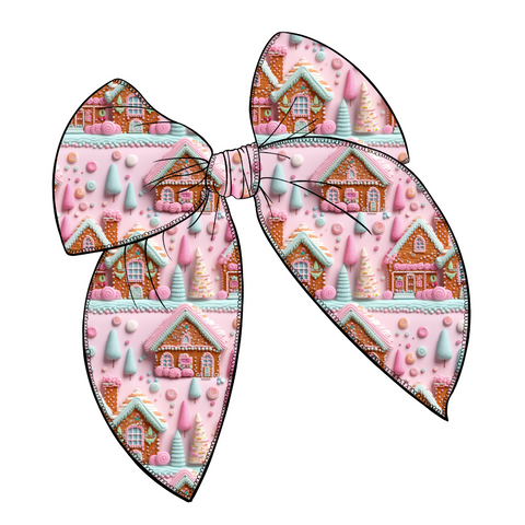 Pink Gingerbread Cookie House Large Serged Edge Pre-Tied Fabric Bow