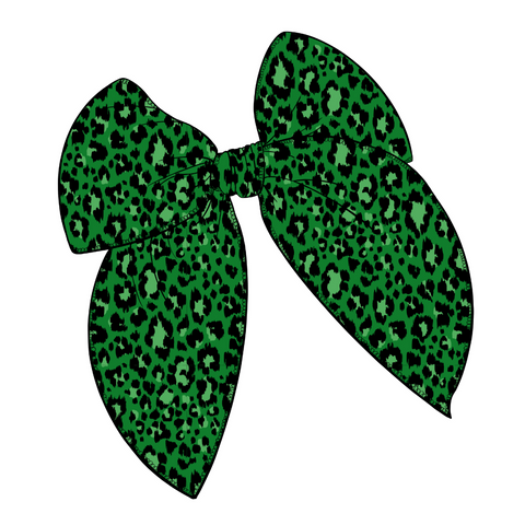 Green Leopard Large Serged Edge Pre-Tied Fabric Bow