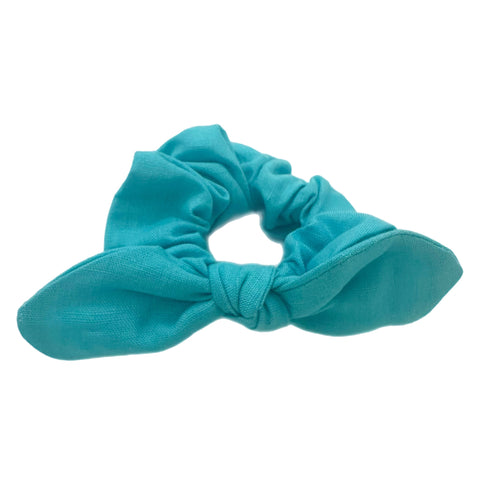 Sky Blue Linen Hand Tied  Knotted Bow Scrunchie
