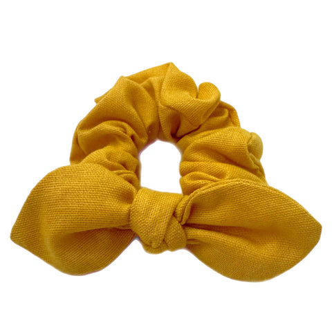 Yellow Linen Hand Tied  Knotted Bow Scrunchie