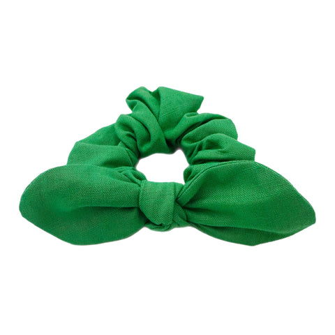 Green Linen Hand Tied  Knotted Bow Scrunchie