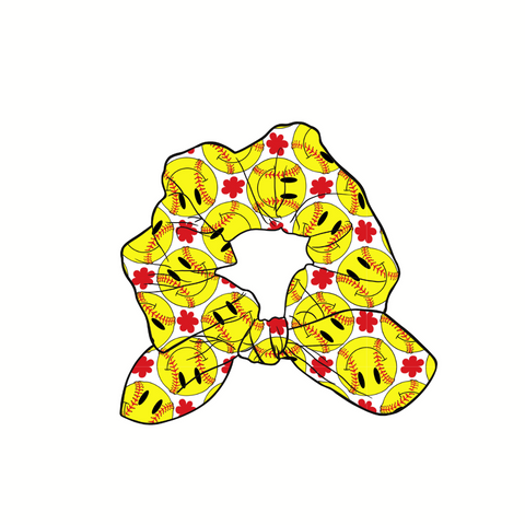 Softball Smiley's Hand Tied  Knotted Bow Scrunchie