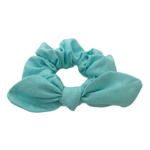Aqua Linen Hand Tied  Knotted Bow Scrunchie
