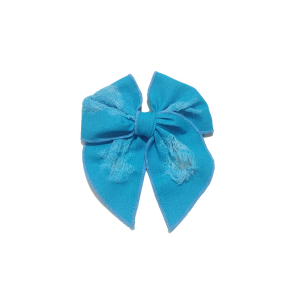 Distressed Caribbean Blue Linen Small Serged Edge Pre-Tied Fabric Bow