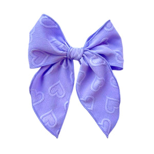 (Pre-Order) Purple Embossed Hearts Large Serged Edge Pre-Tied Fabric Bow