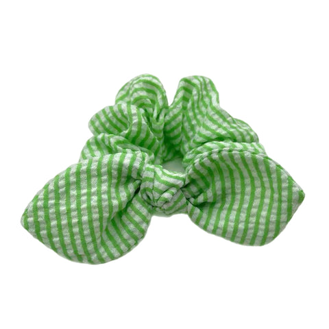 Green Stripe Seersucker Hand Tied  Knotted Bow Scrunchie