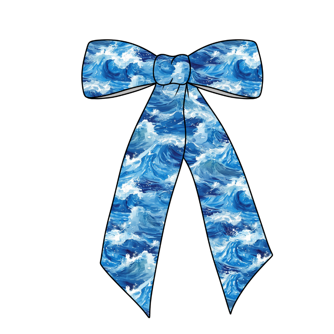 Watercolor Blue Water Long Tail Fabric Bow