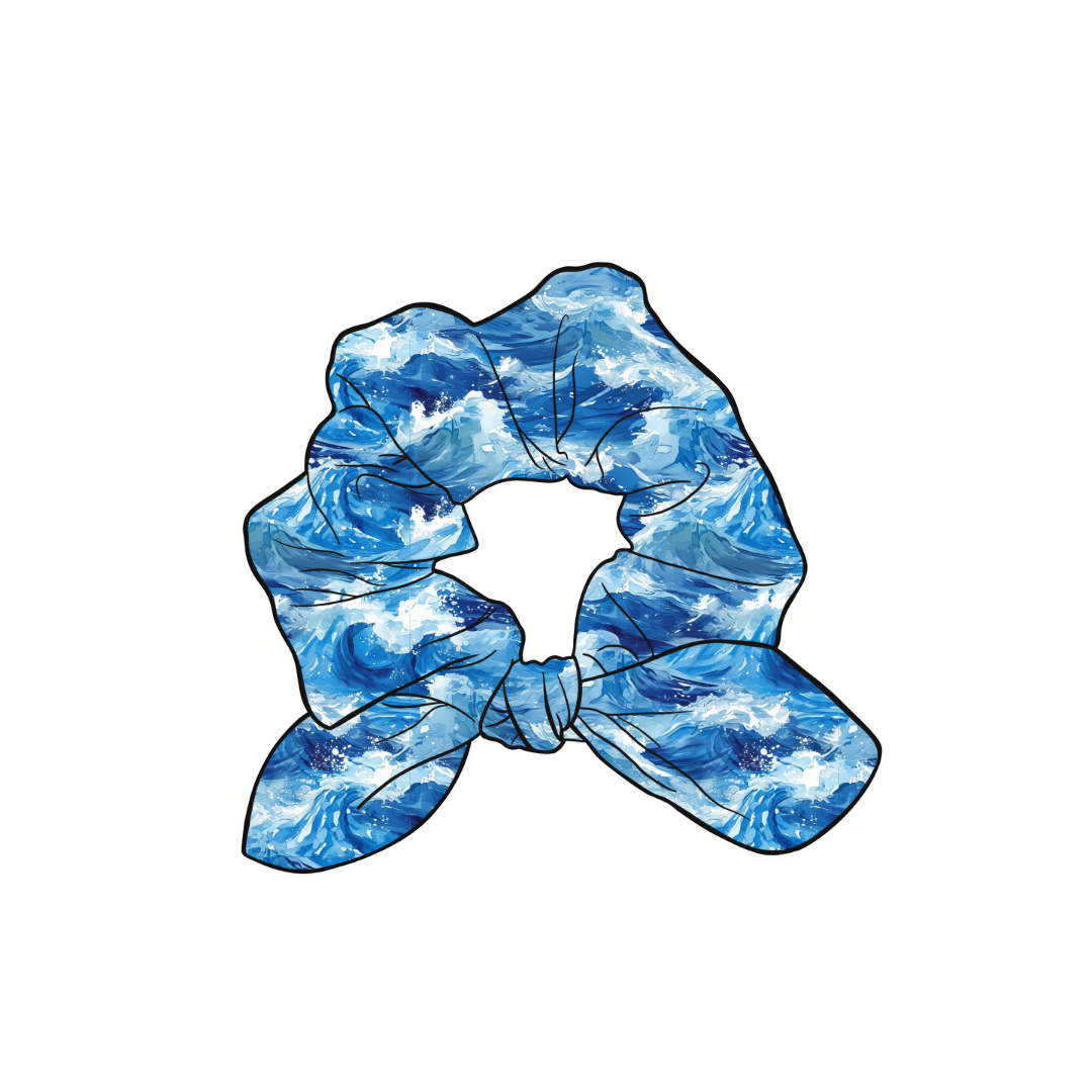 Watercolor Blue Water Hand Tied  Knotted Bow Scrunchie