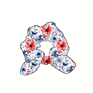 Patriotic Floral Hand Tied  Knotted Bow Scrunchie