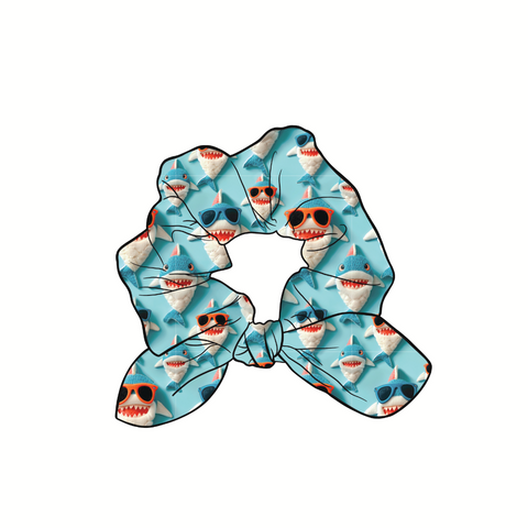 Stay Sharky! Hand Tied  Knotted Bow Scrunchie