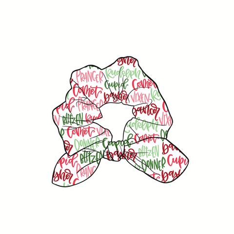 Reindeer Names Hand Tied  Knotted Bow Scrunchie