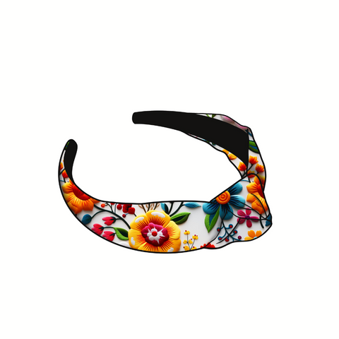 White Background Mexican Embroidery Flowers Knotted Headband