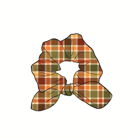 Pumpkin Patch Plaid Hand Tied  Knotted Bow Scrunchie