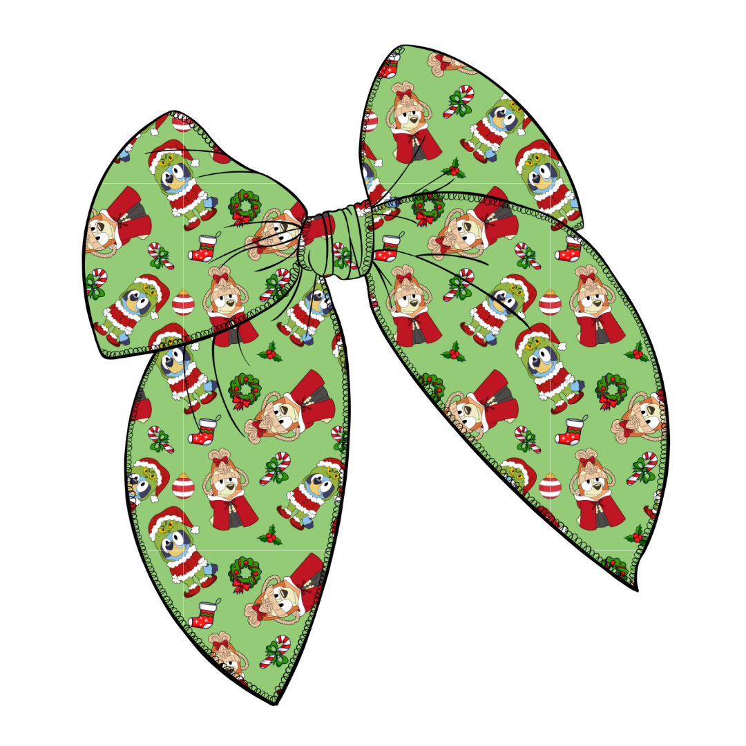 (Pre-Order) Bluey/ Grinch Mash Up Large Serged Edge Pre-Tied Fabric Bow