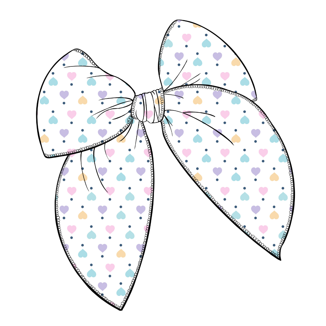 Pastel Hearts Large Serged Edge Pre-Tied Fabric Bow