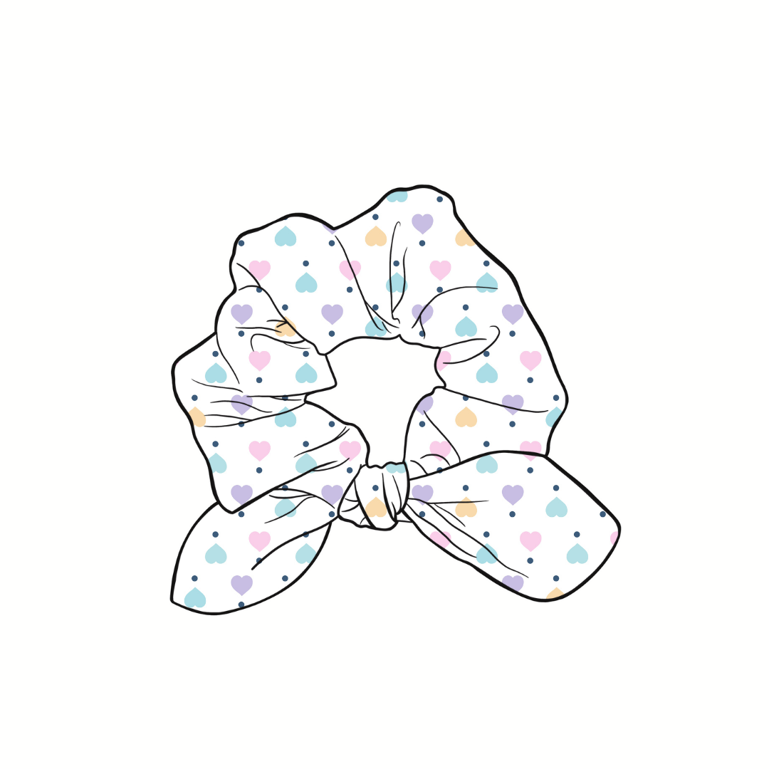 Pastel Hearts Hand Tied Knotted Bow Scrunchie