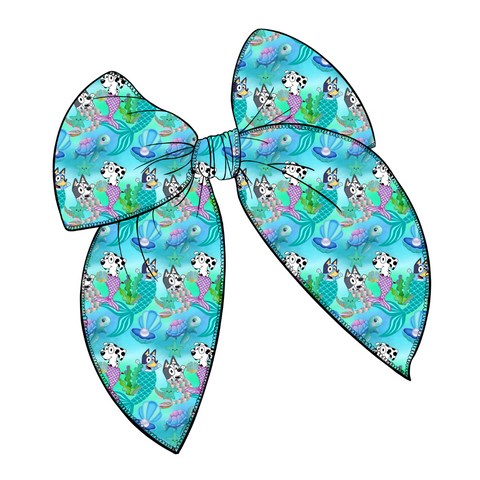 Heelers Under the Sea Large Serged Edge Pre-Tied Fabric Bow
