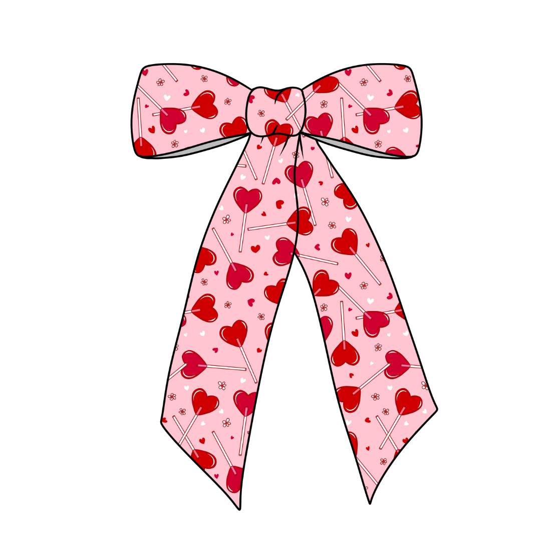 Valentines Heart Lollipops Long Tail Fabric Bow