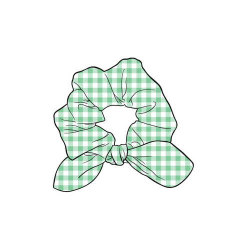 Green Gingham Hand Tied  Knotted Bow Scrunchie