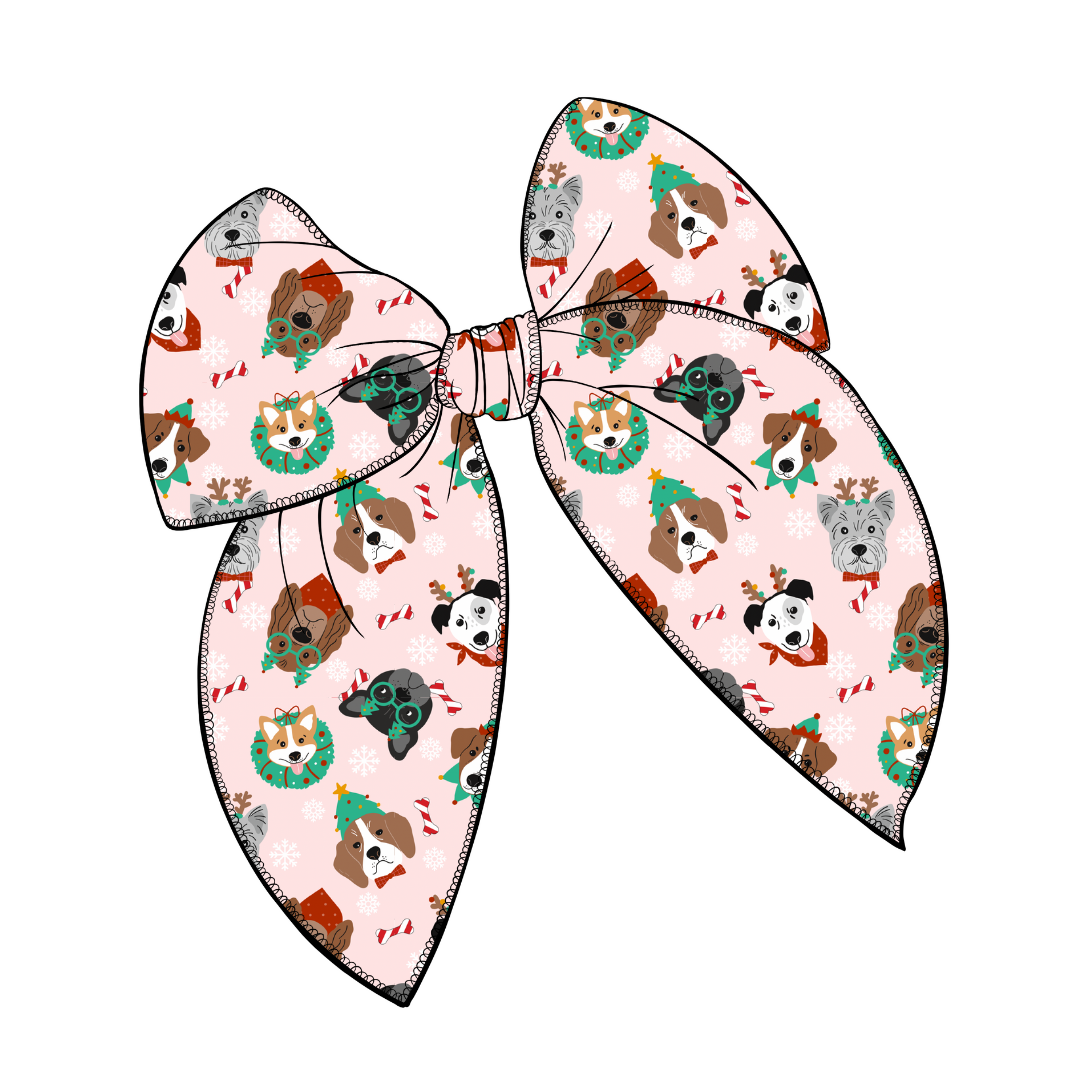 Christmas Pups Large Serged Edge Pre-Tied Fabric Bow