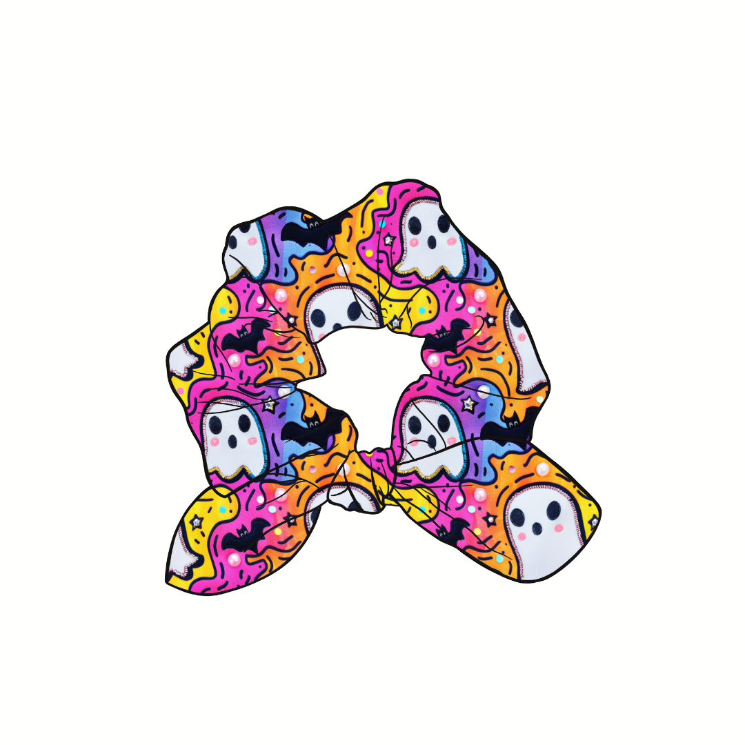 Groovy Ghost Hand Tied  Knotted Bow Scrunchie