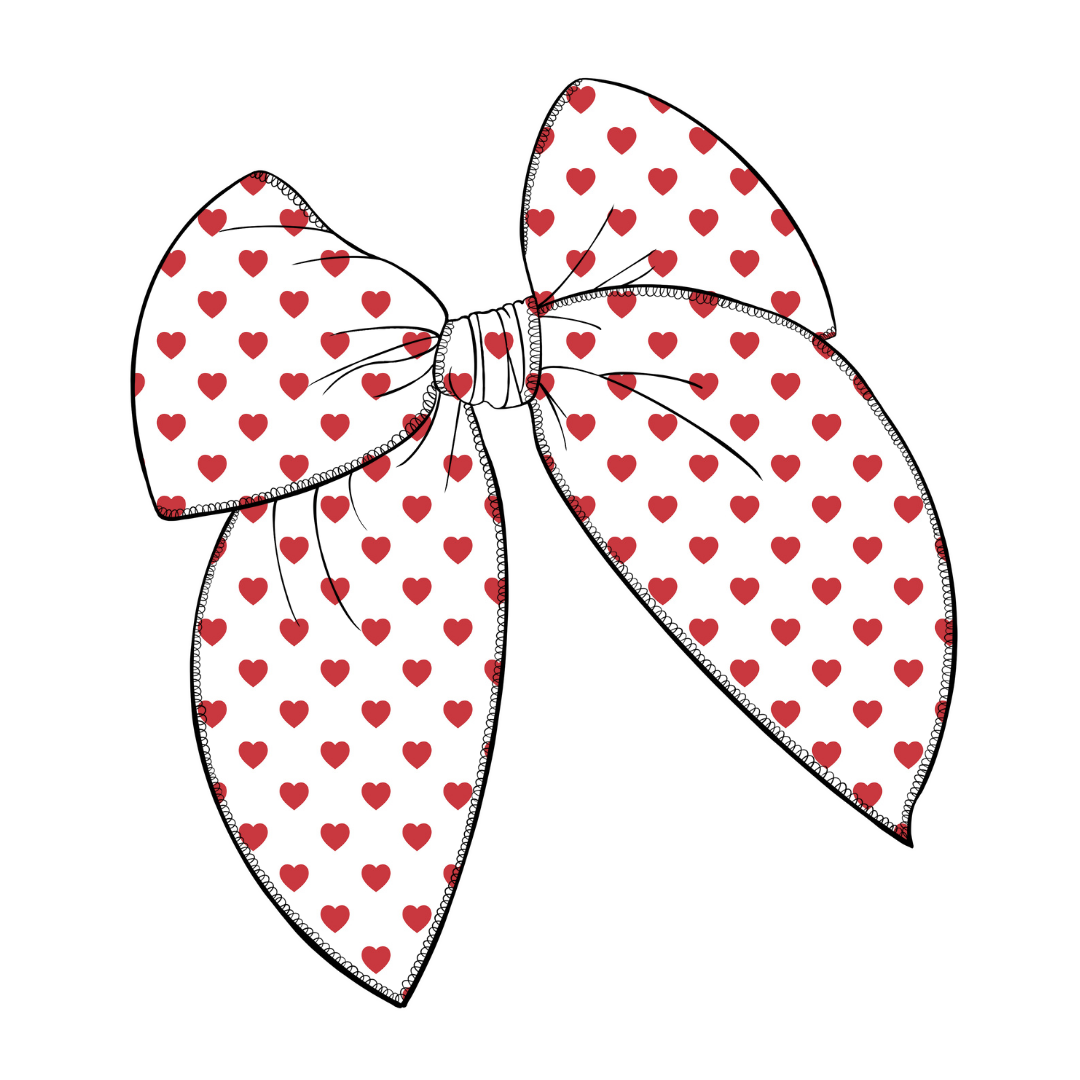 White with Red Hearts Large Serged Edge Pre-Tied Fabric Bow