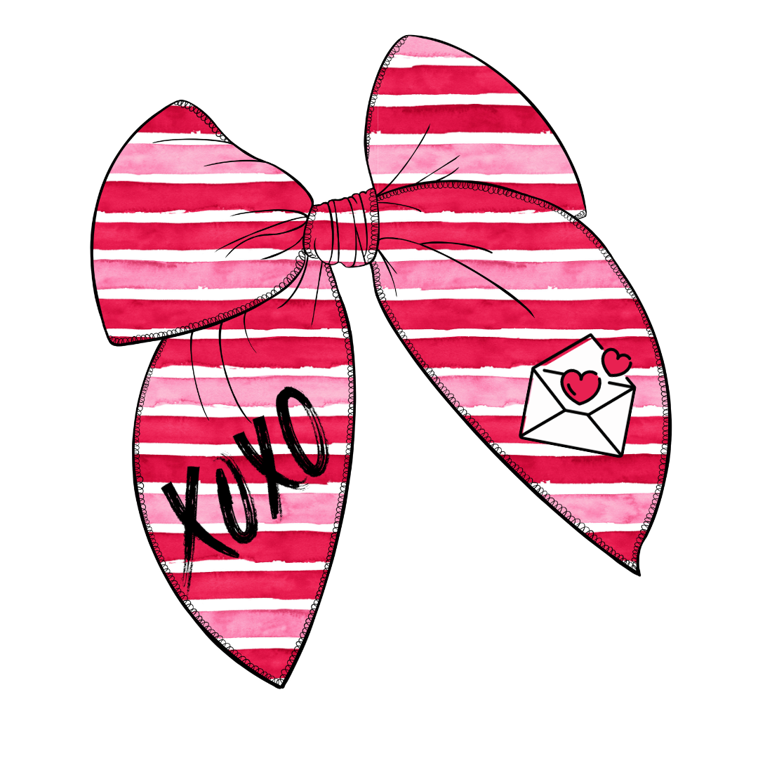 V-Day Stripe XOXO Patch Like Large Serged Edge Pre-Tied Fabric Bow