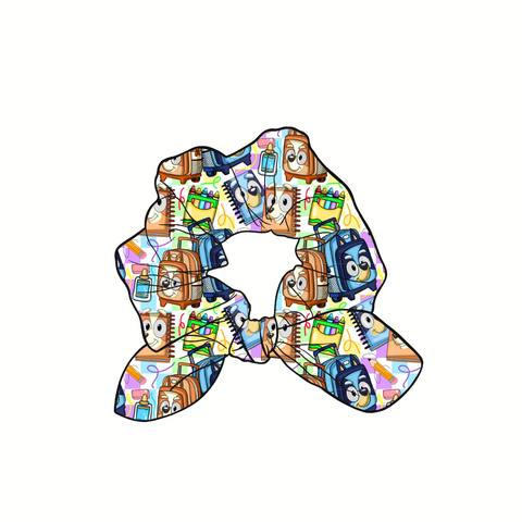 Bluey & Bingo School Hand Tied  Knotted Bow Scrunchie