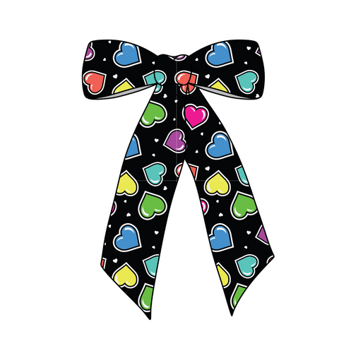 (Pre-Order) Black Background Rainbow Hearts Long Tail Fabric Bow