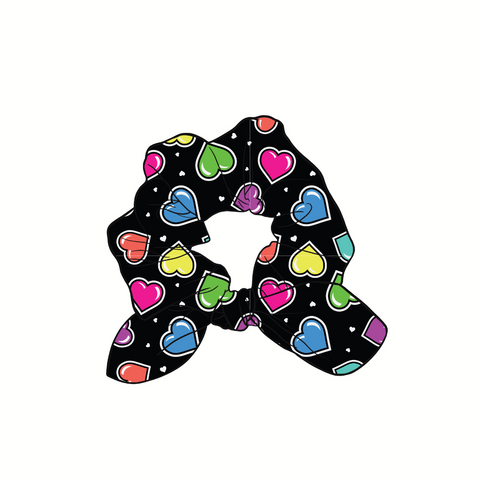 (Pre-Order) Black Background Rainbow Hearts Hand Tied  Knotted Bow Scrunchie