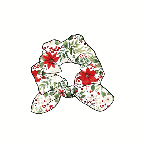 Christmas Floral Hand Tied  Knotted Bow Scrunchie