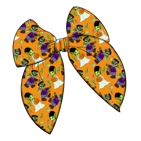 Halloween Alien Large Serged Edge Pre-Tied Fabric Bow