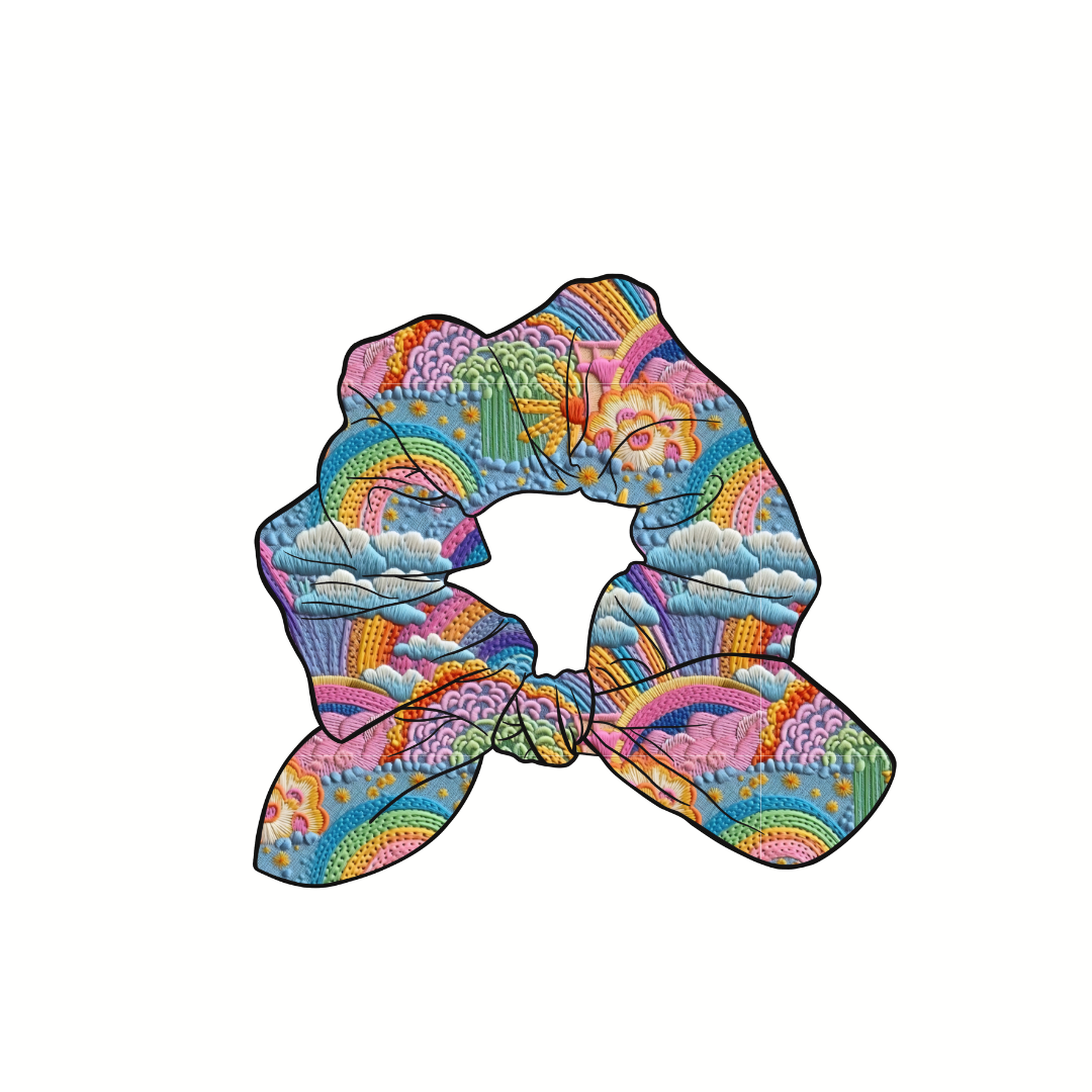 Embroidered Like Rainbows Hand Tied Knotted Bow Scrunchie