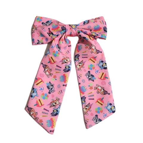 Blue Pup Birthday Long Tail Fabric Bow