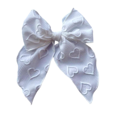 (Pre-Order) White Embossed Hearts Large Serged Edge Pre-Tied Fabric Bow