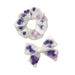 Purple & White Pom Poms Scrunchies & Small Bow