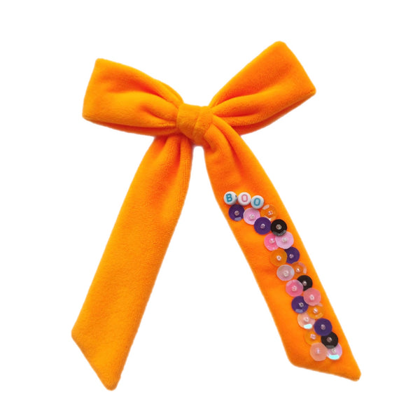 (Pre-Order) Orange Halloween Velvet Long Tail Sequin Bow