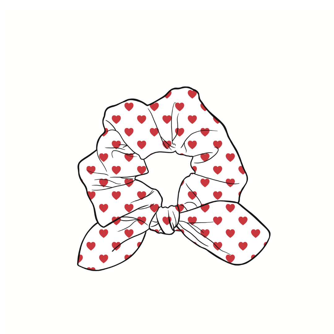 White with Red Hearts Hand Tied  Knotted Bow Scrunchie