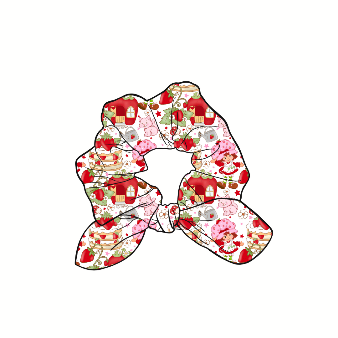 Strawberry Shortie Hand Tied  Knotted Bow Scrunchie