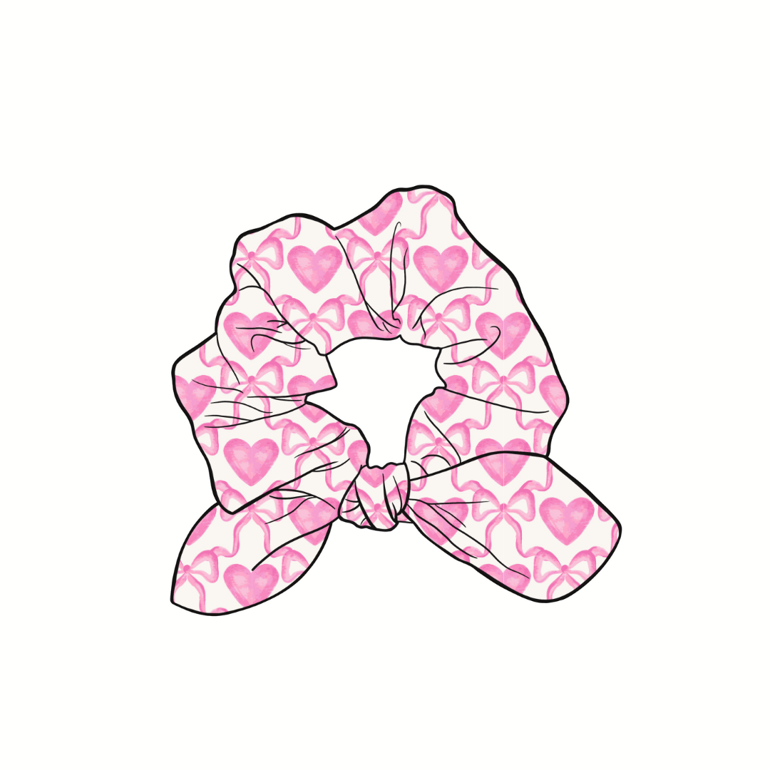 Coquette & Hearts Hand Tied  Knotted Bow Scrunchie