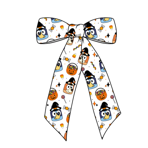 Trick or Treat Blue Pups Long Tail Fabric Bow