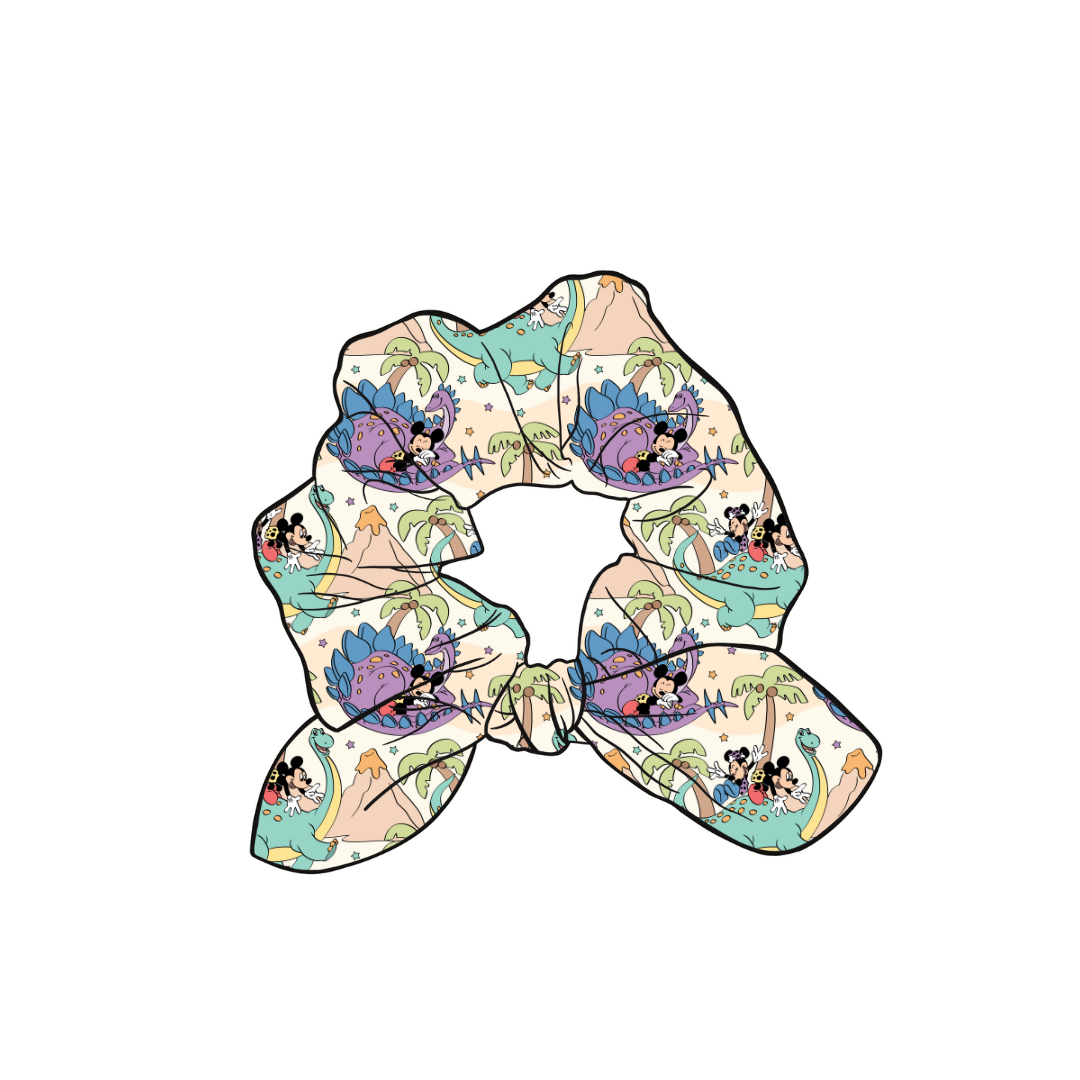 Magical Dino-Land Hand Tied Knotted Bow Scrunchie