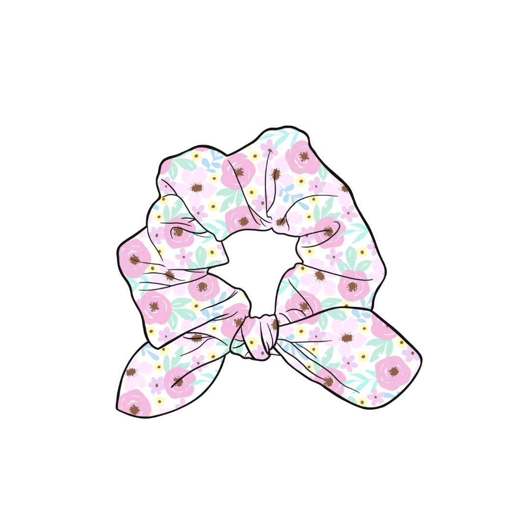 Sweet Floral Hand Tied  Knotted Bow Scrunchie