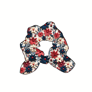 Red White and Bloom Hand Tied  Knotted Bow Scrunchie