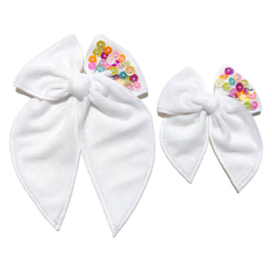 (Pre-Order) White Velvet Sequin Serged Edge Pre-Tied Fabric Bow